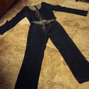 Two Piece Dark Wash Denim Pants Set